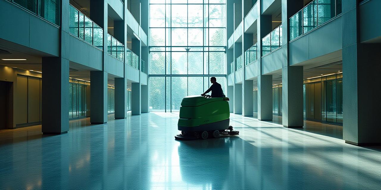 Industrial floor buffer on a pristine lobby floor